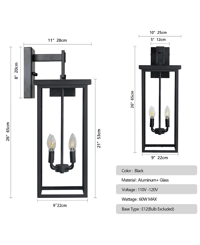 Busdays 26 Inch Black Metal Outdoor Wall Lantern Clear Glass 4 E12 Sockets Weatherproof Wall Sconce for Porch Garden Patio No Bulbs