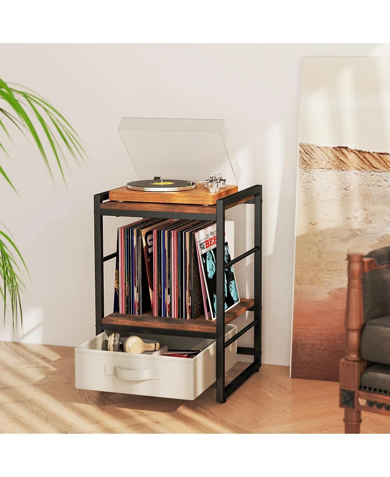 Gymax 2 Pcs Nightstand Industrial Bedside Table w/ Open Storage Shelf and Fabric Drawer