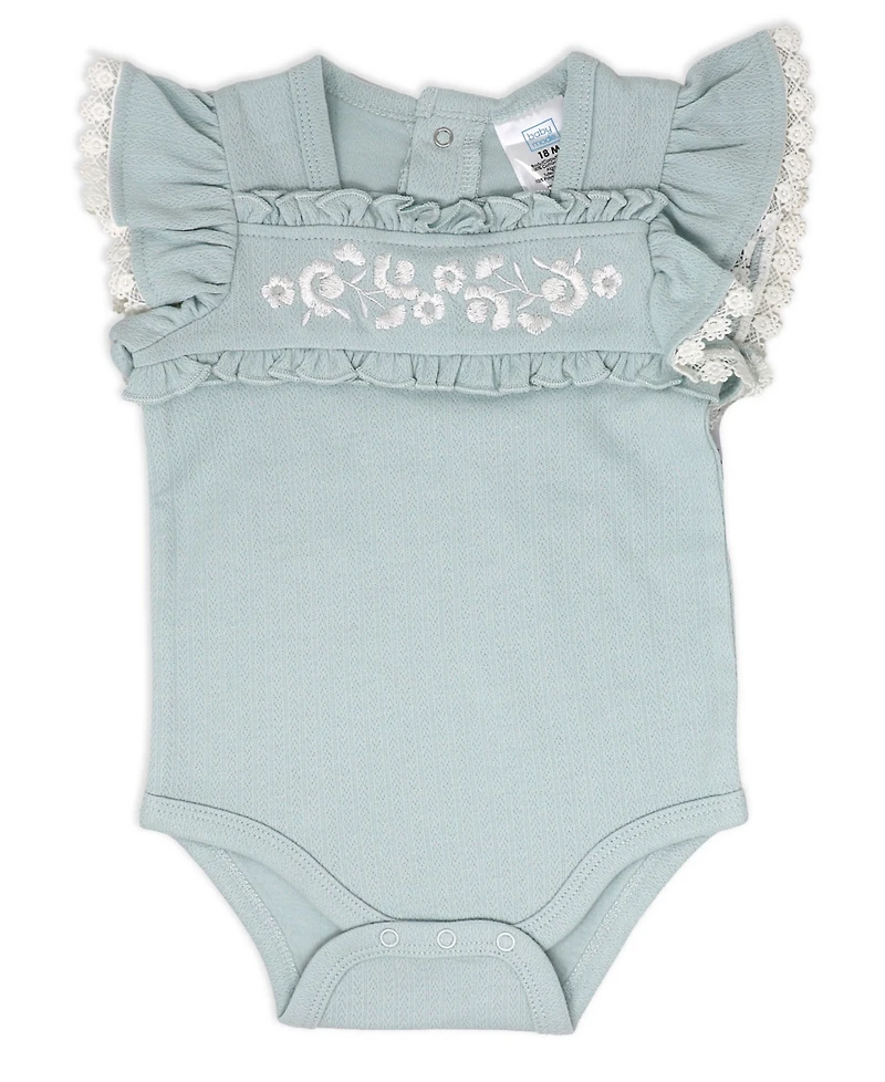 Baby Mode Girls' Short-Sleeve Bodysuit, Denim Pant and Headband, 3-Piece Set