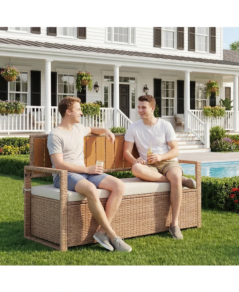 gaomon Outdoor Storage Bench with Cushion, 2-Person All-Weather Pe Rattan Patio Bench with Backrest and Armrests