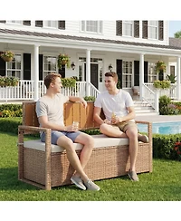 gaomon Outdoor Storage Bench with Cushion, 2-Person All-Weather Pe Rattan Patio Bench with Backrest and Armrests