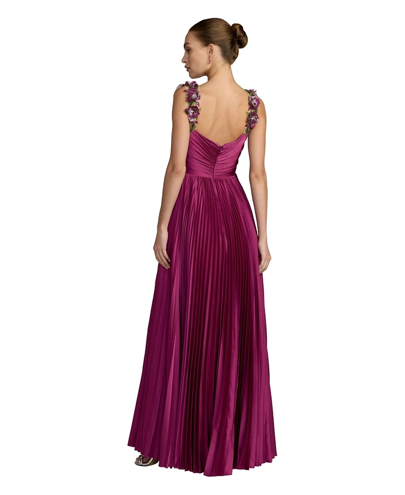 Mac Duggal Petite Pleated High-Low Gown with Floral Straps