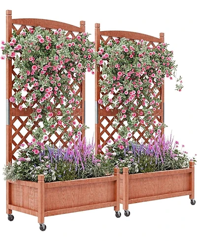 Xo 29.5" Wooden Raised Garden Bed with Trellis and Wheels, Planter Box for Climbing Plants Flowers, Outdoor Patio Balcony