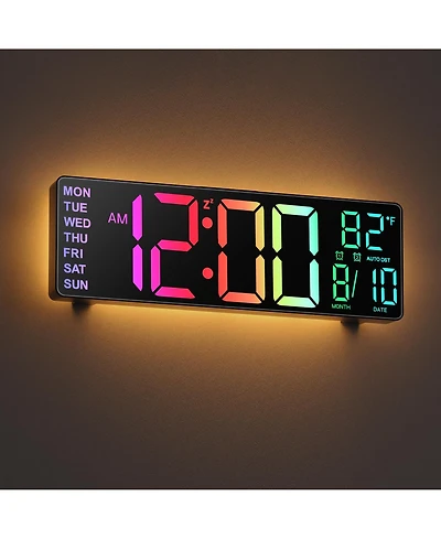 Jall 10.5 Inch Large Digital Wall Clock with Rgb Colors Alarm Auto Dst Temperature Back Surround Night Light Wall or Desktop Memory Battery
