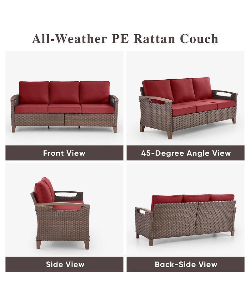 Pocassy Outdoor Patio Couch Sofa, All Weather Wicker 3 Seater Couch, Outdoor Seating Patio Furniture Sofa with Olefin Cushion