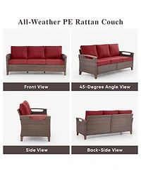 Pocassy Outdoor Patio Couch Sofa, All Weather Wicker 3 Seater Couch, Outdoor Seating Patio Furniture Sofa with Olefin Cushion