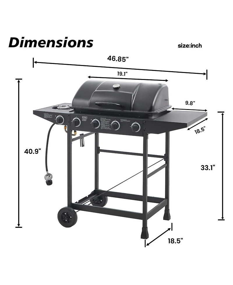 Asagikoiai 4 Burner Bbq Gas Grill with Side Burner, Stainless Steel Outdoor Barbecue for Patio