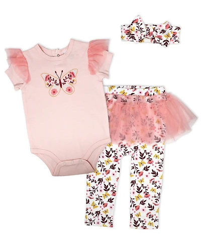 Baby Mode Girls' Short-Sleeve Bodysuit, Pant and Headband