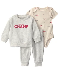 Carter's Baby Boys' Race Car French Terry Layering Long-Sleeve Sweatshirt, Bodysuit and Pant, 3-Piece Set