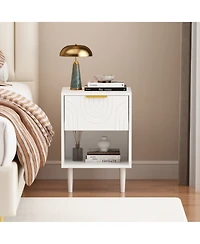 Rainsken Modern Nightstand, Wood End Table Kids Bedside Table with Drawer, Open Shelf and Gold Handle for Bedroom Decor