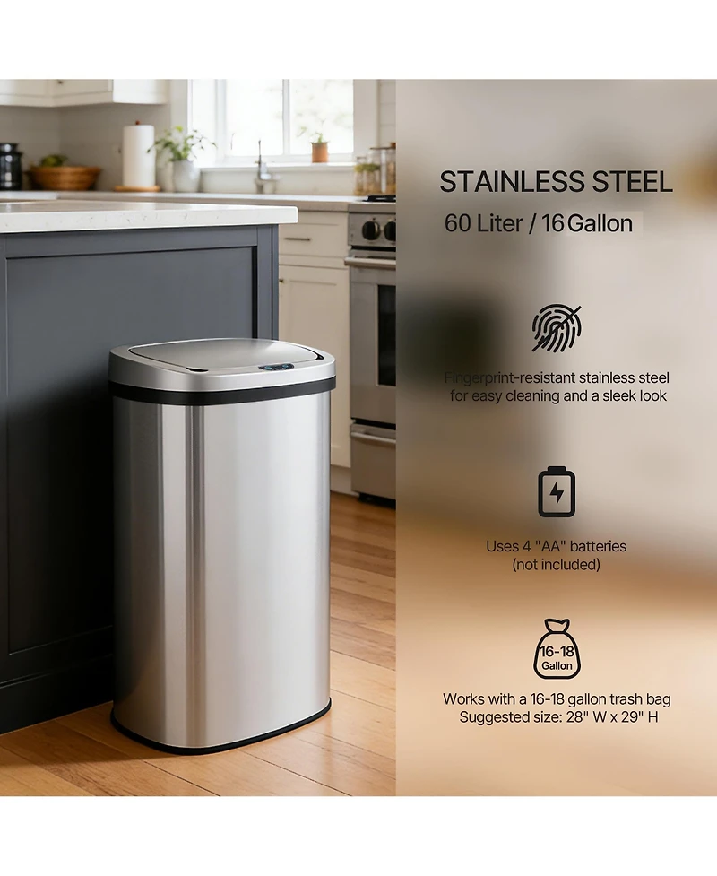 15.85 Gal./60 Liter Stainless Steel Oval Motion Sensor Trash Can for Kitchen
