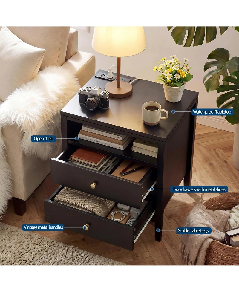 homfan Modern Nightstand with Charging Station, 2 Drawers and Open Shelf, Metal Knobs, Set Options, Multiple Finishes Sizes