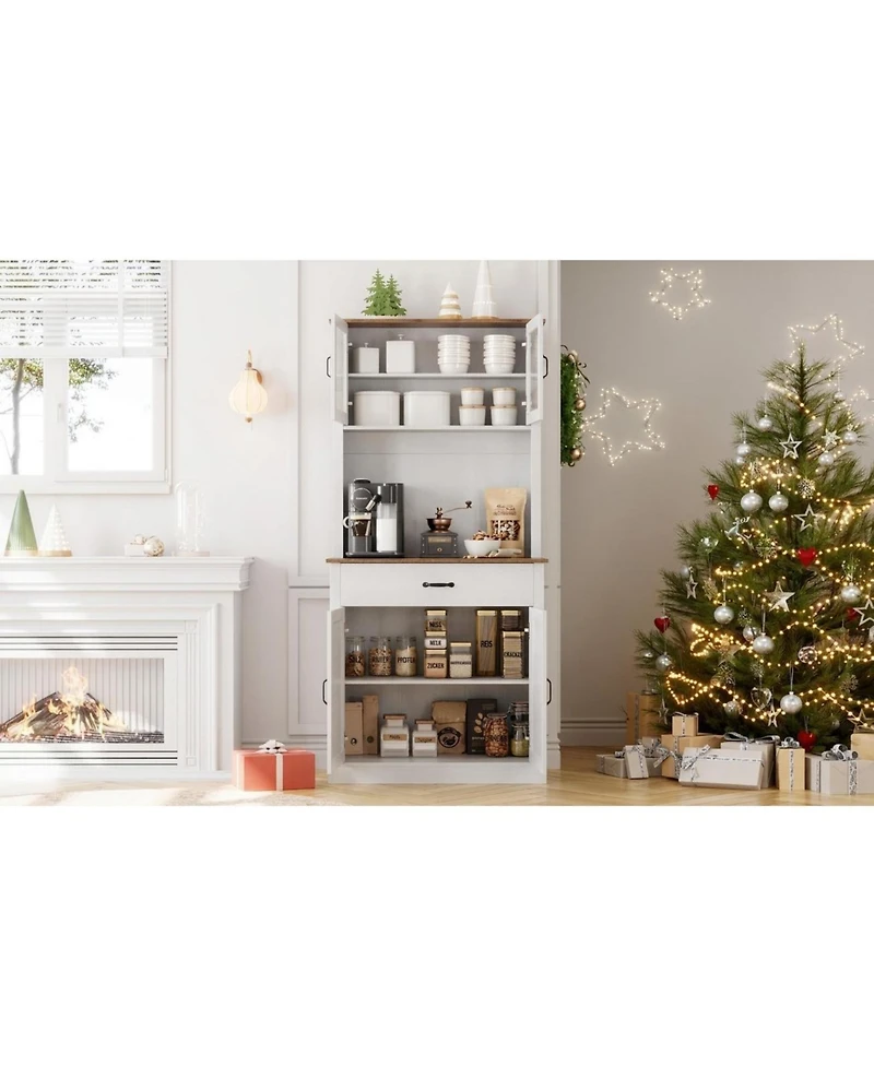 homfan Kitchen Pantry Cabinet with Microwave Stand - Buffet Storage, Glass Doors and Shelves, Appliance Organizer for Dining Room and Coffee Bar
