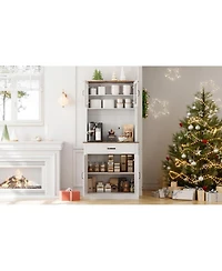 homfan Kitchen Pantry Cabinet with Microwave Stand - Buffet Storage, Glass Doors and Shelves, Appliance Organizer for Dining Room and Coffee Bar