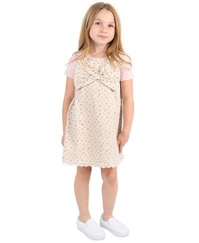 Rare Editions Girls' 2T-6X Printed Denim Jumper with Self Bow