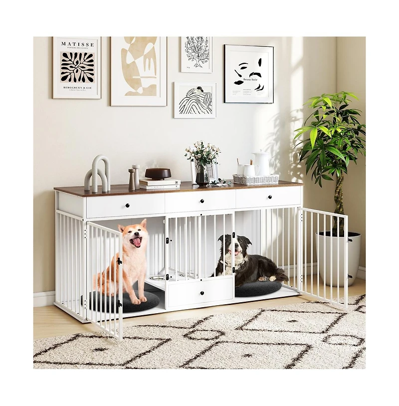Ruie Indoor Dog Crate Kennel Furniture with Divider 3 Drawers and Pull-out Feeder