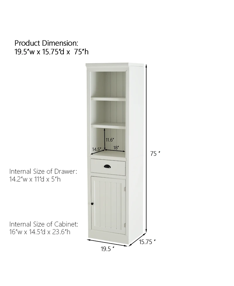 Rainsken 195 Narrow Bookshelf 5 Tier Modern Storage with Storage and Cabinet Wooden Organizer Pantry for Hallways Living Room Studio Workspace