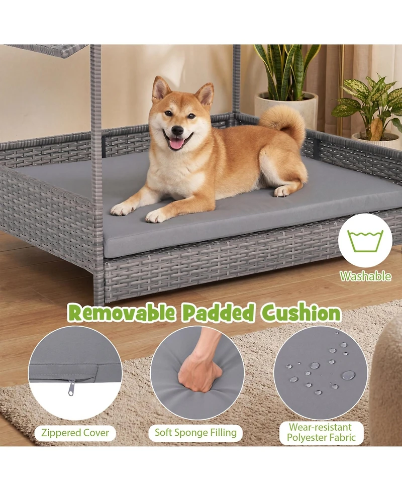 Cozito Wicker Dog House Elevated Pe Rattan Dog Bed with Canopy