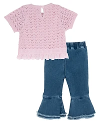 Rare Editions Baby Girls' Short-Sleeve Sweater and Denim Pant, 2-Piece Set