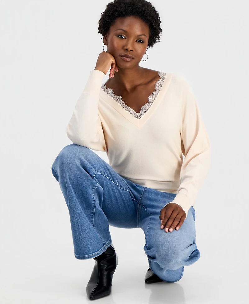 I.n.c. International Concepts Petite Lace Trim Double V-Neck Sweater, Macy's Exclusive