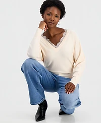 I.n.c. International Concepts Petite Lace Trim Double V-Neck Sweater, Macy's Exclusive