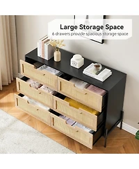 homfan Farmhouse Rattan 6-Drawer Dresser, Sturdy Engineered Wood Storage Cabinet with Metal Legs, Easy Assemble Multi-use Home Organizer