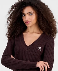 Madden Girl Juniors' Longline V-Neck Cable-Knit Sweater