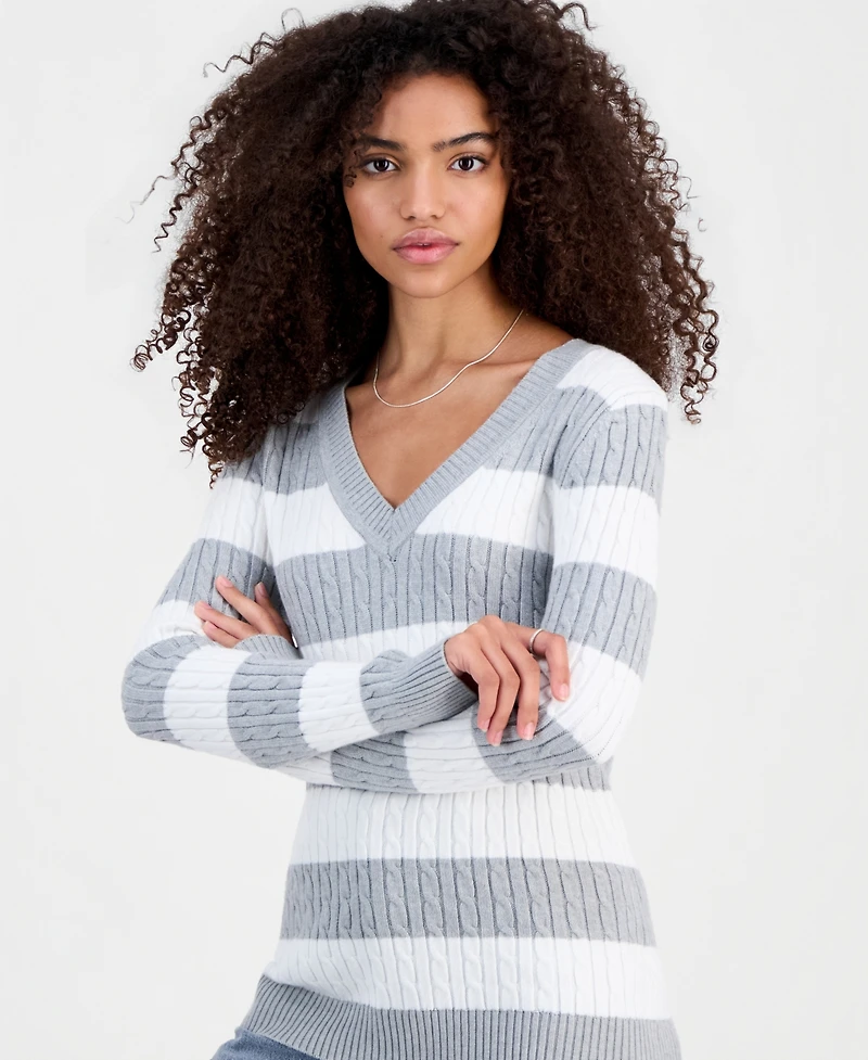 Madden Girl Juniors' Longline V-Neck Cable-Knit Sweater