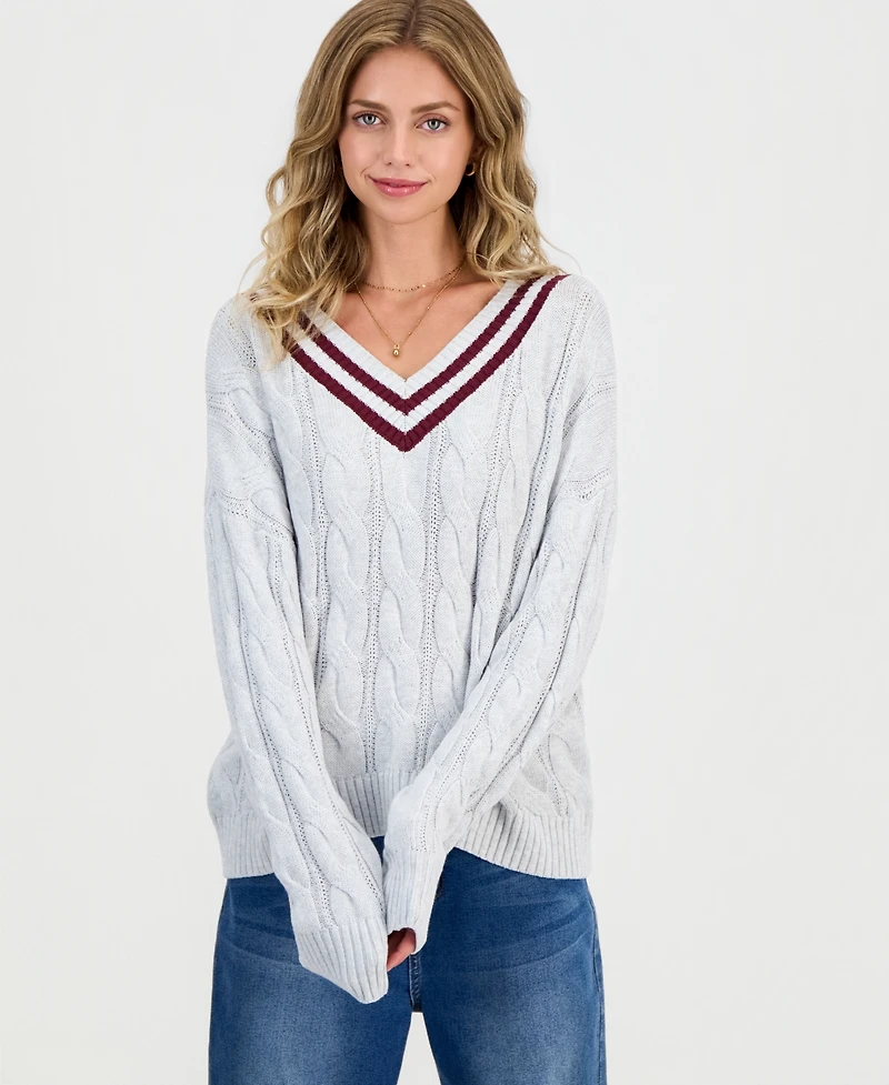 Hippie Rose Juniors' V-Neck Varsity Cable-Knit Sweater