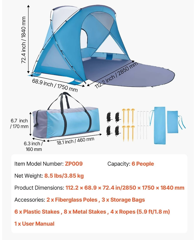 Cozito Beach Tent Sun Shelter, 6-Person Portable Canopy with Sand Pockets