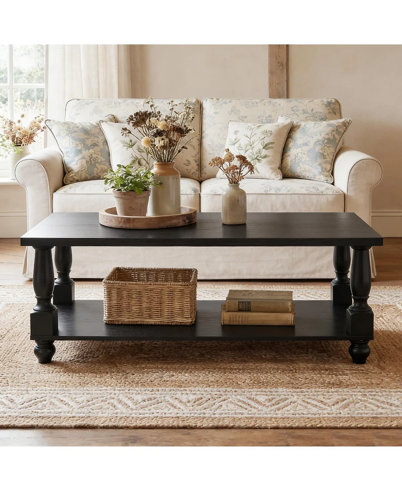 Aheaplus Farmhouse Coffee Table with Solid Turned Legs, 2-Tier Living Room Center Table with Storage