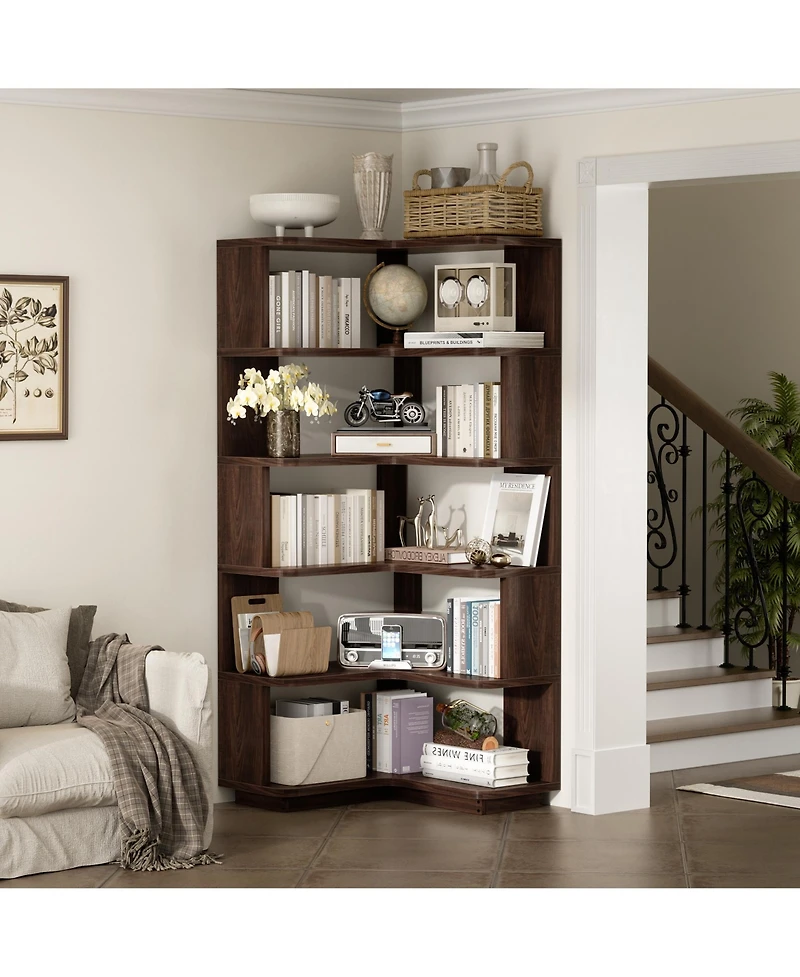 Aheaplus 5-Tier Corner Bookshelf, Space-saving Bookcase Display Storage Shelf