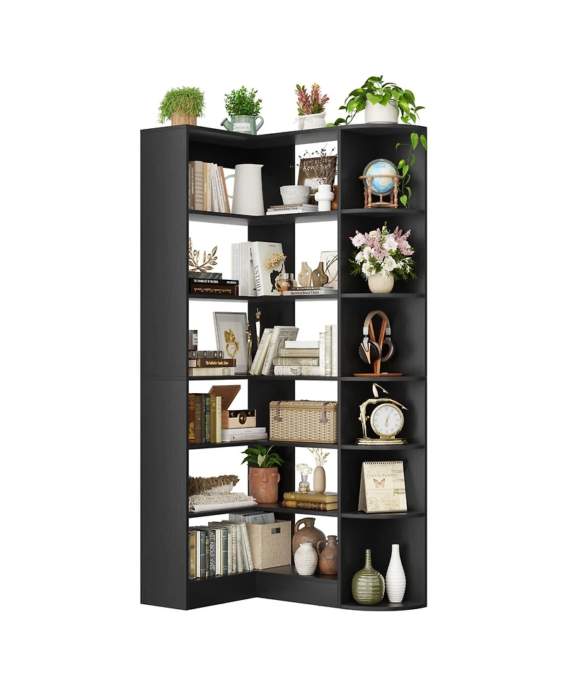 Aheaplus 71" Tall 6-Tiers Corner Bookshelf with Open Storage, Wooden Display Shelves for Bedroom