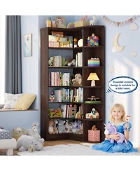 Aheaplus 71" Tall 6-Tiers Corner Bookshelf with Open Storage, Wooden Display Shelves for Bedroom