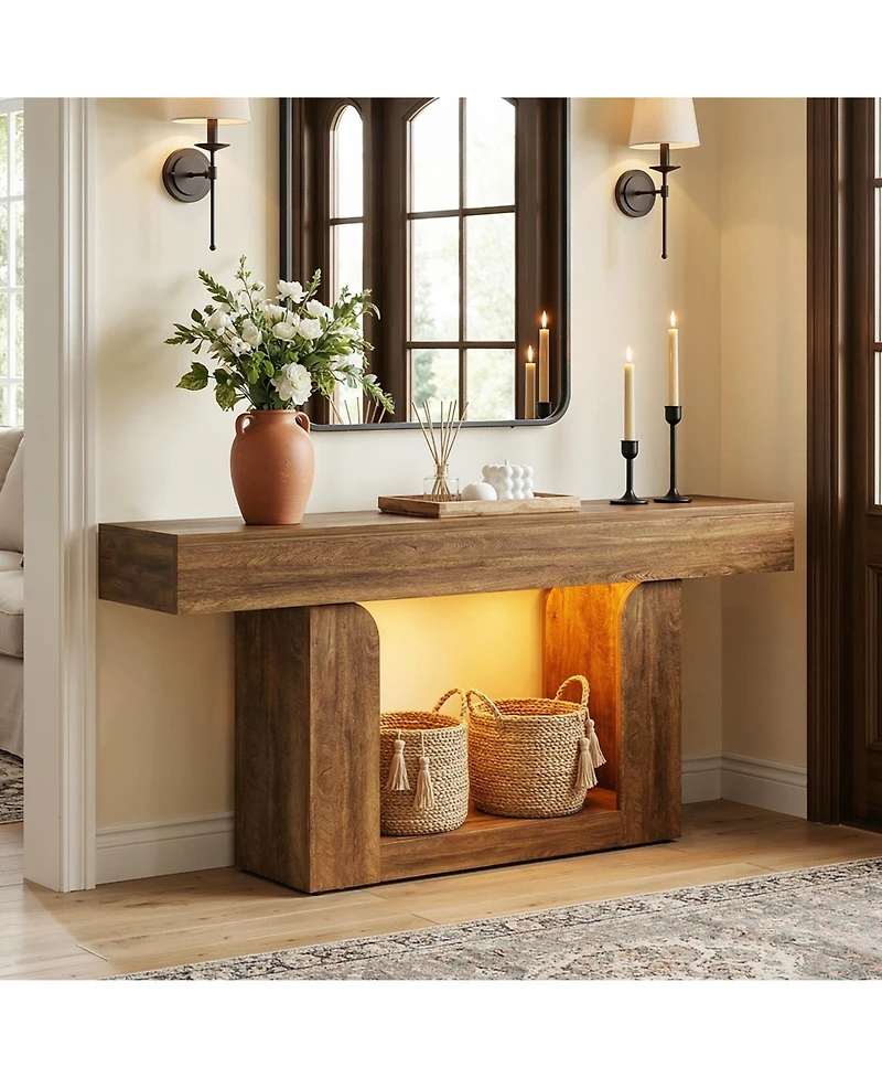 Aheaplus Entryway Table with Charging Station, Console Rgb Led Light, Wooden Sofa