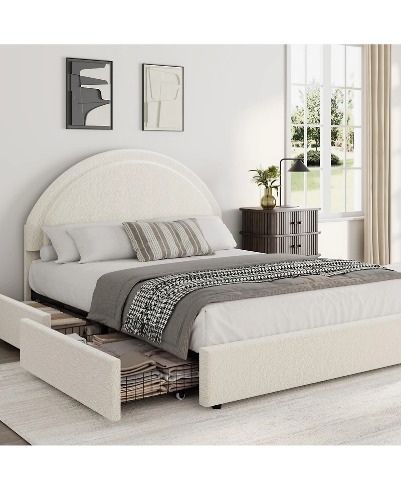 homfan Upholstered Platform Bed Frame with Round Headboard, Storage Drawers, Wood Slat Support