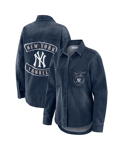 Wear by Erin Andrews Women's Denim New York Yankees Washed Oversized Full-Snap Shacket