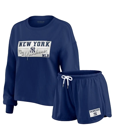 Wear by Erin Andrews Women's Navy New York Yankees Heavy Rugby Jersey Cropped Long Sleeve T-Shirt Shorts Lounge Set