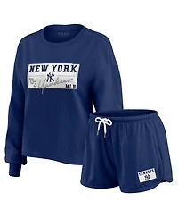 Wear by Erin Andrews Women's Navy New York Yankees Heavy Rugby Jersey Cropped Long Sleeve T-Shirt Shorts Lounge Set