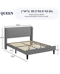 homfan Upholstered Platform Bed Frame with Wingback Headboard, 2 Storage Pockets, Wood Slat Support