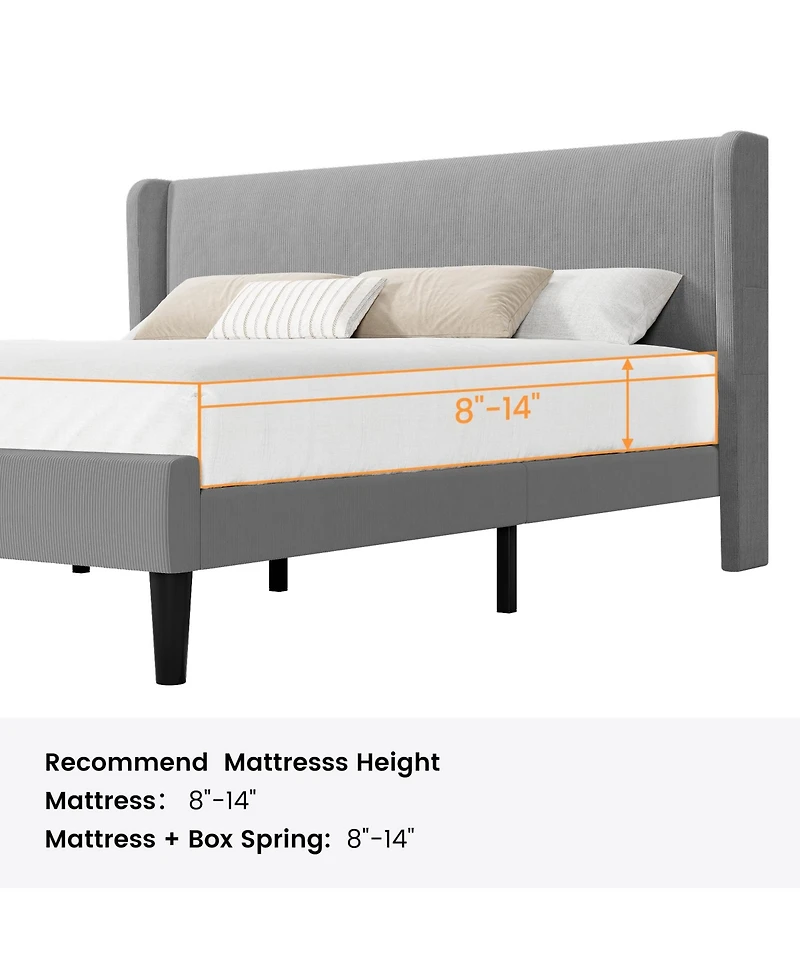 homfan Upholstered Platform Bed Frame with Wingback Headboard, 2 Storage Pockets, Wood Slat Support