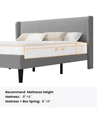 homfan Upholstered Platform Bed Frame with Wingback Headboard, 2 Storage Pockets, Wood Slat Support
