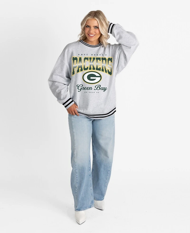 Gameday Couture Women's Ash/Black Green Bay Packers Oversized Gridiron Drive Ringer Stripe Sweatshirt