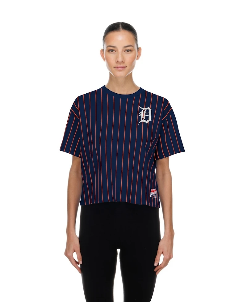 New Era Women's Navy Detroit Tigers Throwback Meshback Pinstripe Boxy T-Shirt