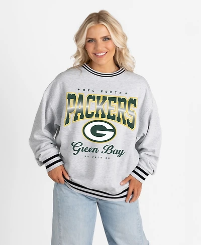 Gameday Couture Women's Ash/Black Green Bay Packers Oversized Gridiron Drive Ringer Stripe Sweatshirt