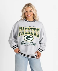 Gameday Couture Women's Ash/Black Green Bay Packers Oversized Gridiron Drive Ringer Stripe Sweatshirt