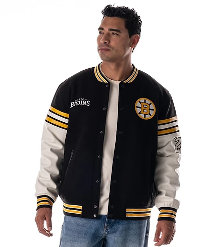 The Wild Collective Men's and Women's Black Boston Bruins Drop Shoulder Full-Snap Varsity Jacket