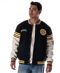 The Wild Collective Men's and Women's Black Boston Bruins Drop Shoulder Full-Snap Varsity Jacket