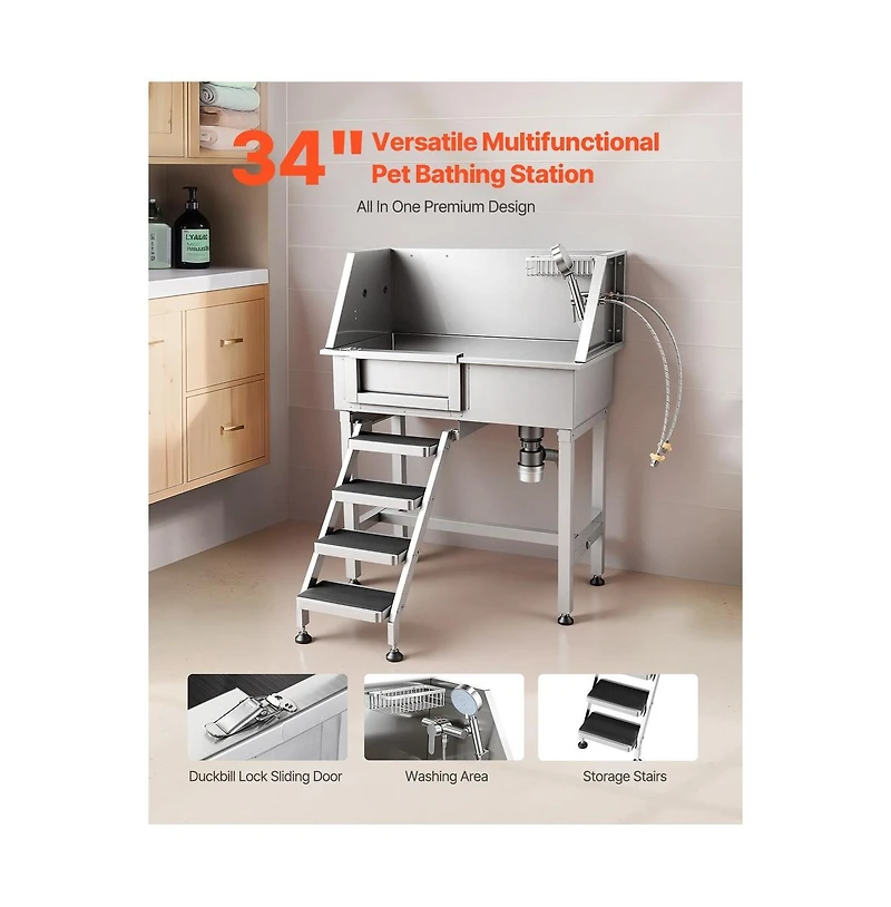Ruie 34 inch Stainless Steel Dog Grooming Bathtub with Non Slip Stairs and Faucet Left Door