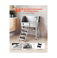 Ruie 34 inch Stainless Steel Dog Grooming Bathtub with Non Slip Stairs and Faucet Left Door